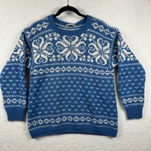 Handknit in Norway Wool Mothproof Sweater Blue Nordic Fair Isle S/M Cottagecore